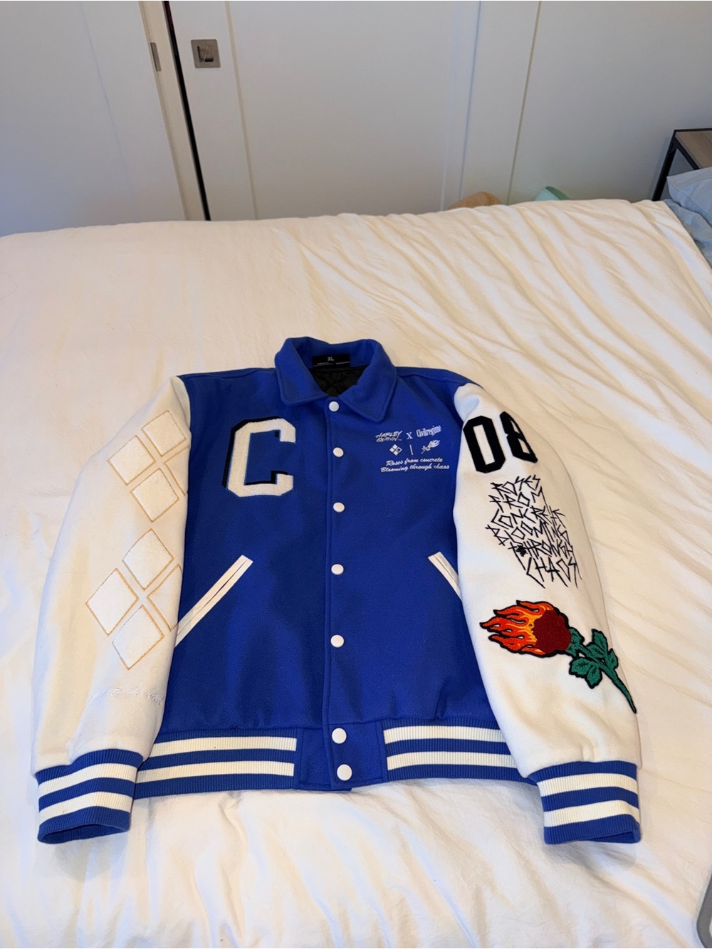 Blue and White Varsity Bomber Jacket with Embroidered Rose